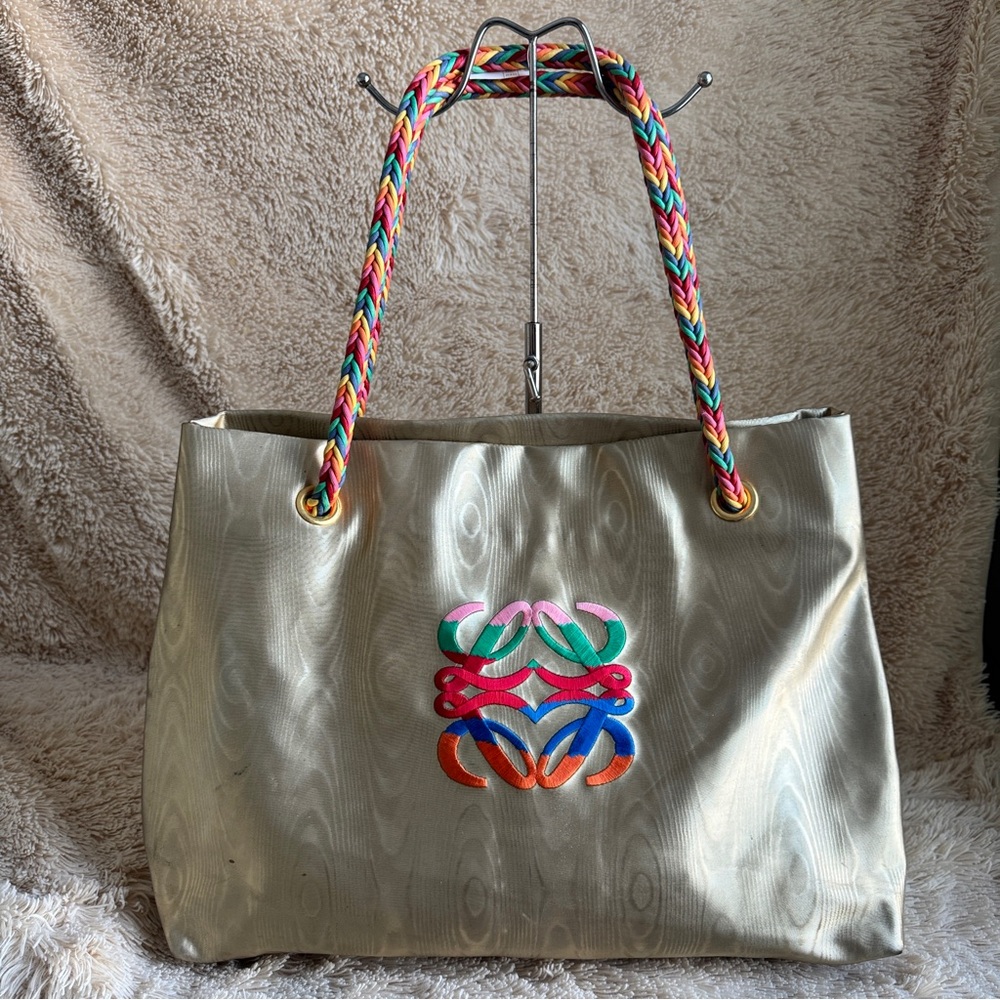 Golden Vintage Loewe Large Open Tote w/ Colorful Rope Handle & Embroidered Logo